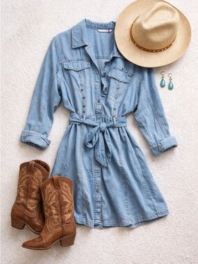 Light Blue Denim Shirt Dress with Tie Waist